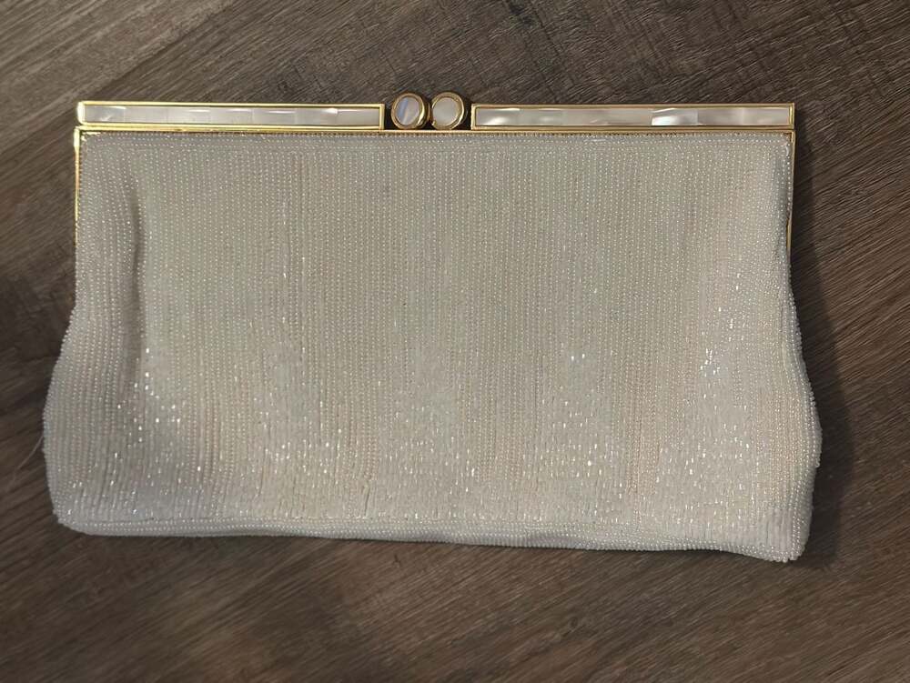 Vintage Walborg White Beaded Clutch with Mother of Pearl Accents